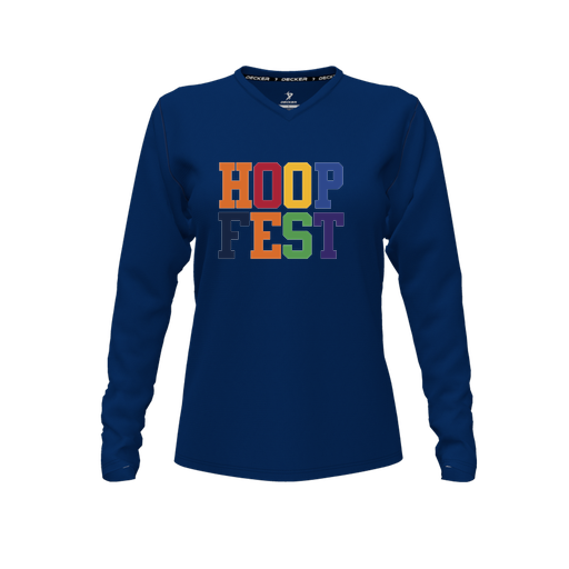 [CUS-DFW-TEES-CMF-VNK-LSL-NVY-FYXS-LOGO1] Decker Comfort T-Shirt (Female Youth XS, Navy, V Neck, Logo 1, Long Sleeve)