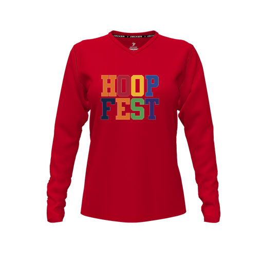 [CUS-DFW-TEES-CMF-VNK-LSL-RED-FYXS-LOGO1] Decker Comfort T-Shirt (Female Youth XS, Red, V Neck, Logo 1, Long Sleeve)