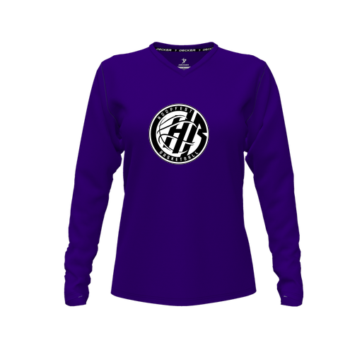 [CUS-DFW-TEES-CMF-VNK-LSL-PUR-FYXS-LOGO2] Decker Comfort T-Shirt (Female Youth XS, Purple, V Neck, Logo 2, Long Sleeve)