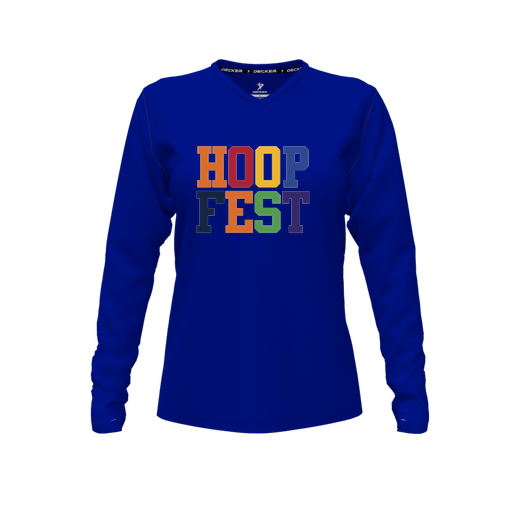 [CUS-DFW-TEES-PER-VNK-LSL-RYL-FYXS-LOGO1] Decker Performance T-Shirt (Female Youth XS, Royal, V Neck, Logo 1, Long Sleeve)